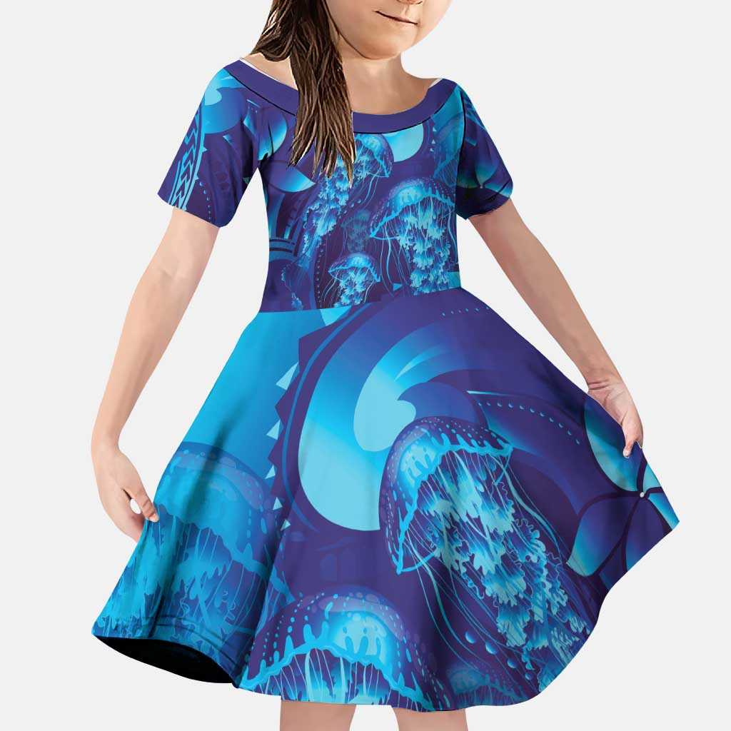 Purple Paradise Polynesia Jellyfish Family Matching Off The Shoulder Long Sleeve Dress and Hawaiian Shirt Plumeria Polynesian Tattoo Glowing Vibes