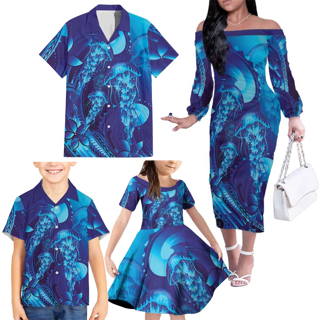 Purple Paradise Polynesia Jellyfish Family Matching Off The Shoulder Long Sleeve Dress and Hawaiian Shirt Plumeria Polynesian Tattoo Glowing Vibes