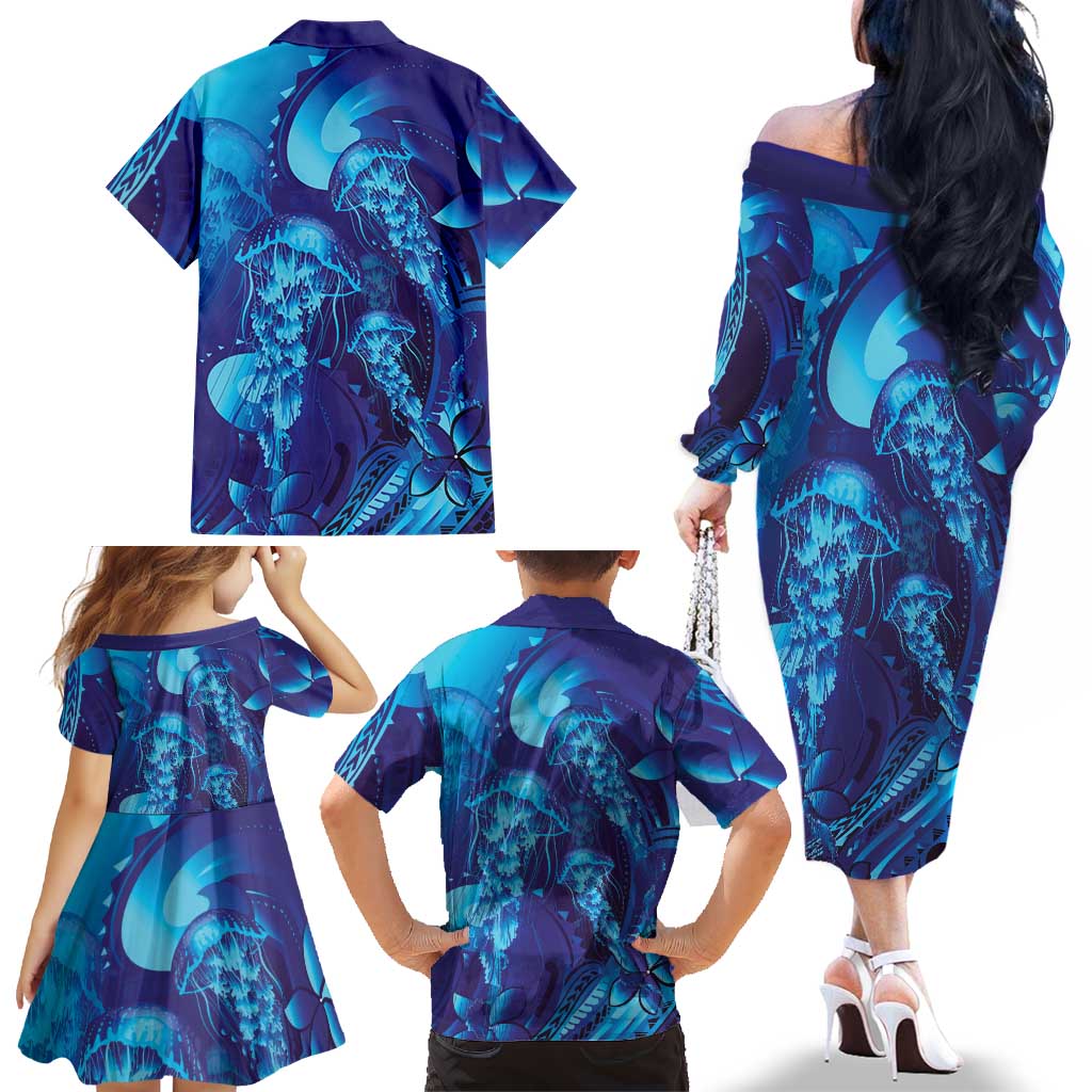 Purple Paradise Polynesia Jellyfish Family Matching Off The Shoulder Long Sleeve Dress and Hawaiian Shirt Plumeria Polynesian Tattoo Glowing Vibes