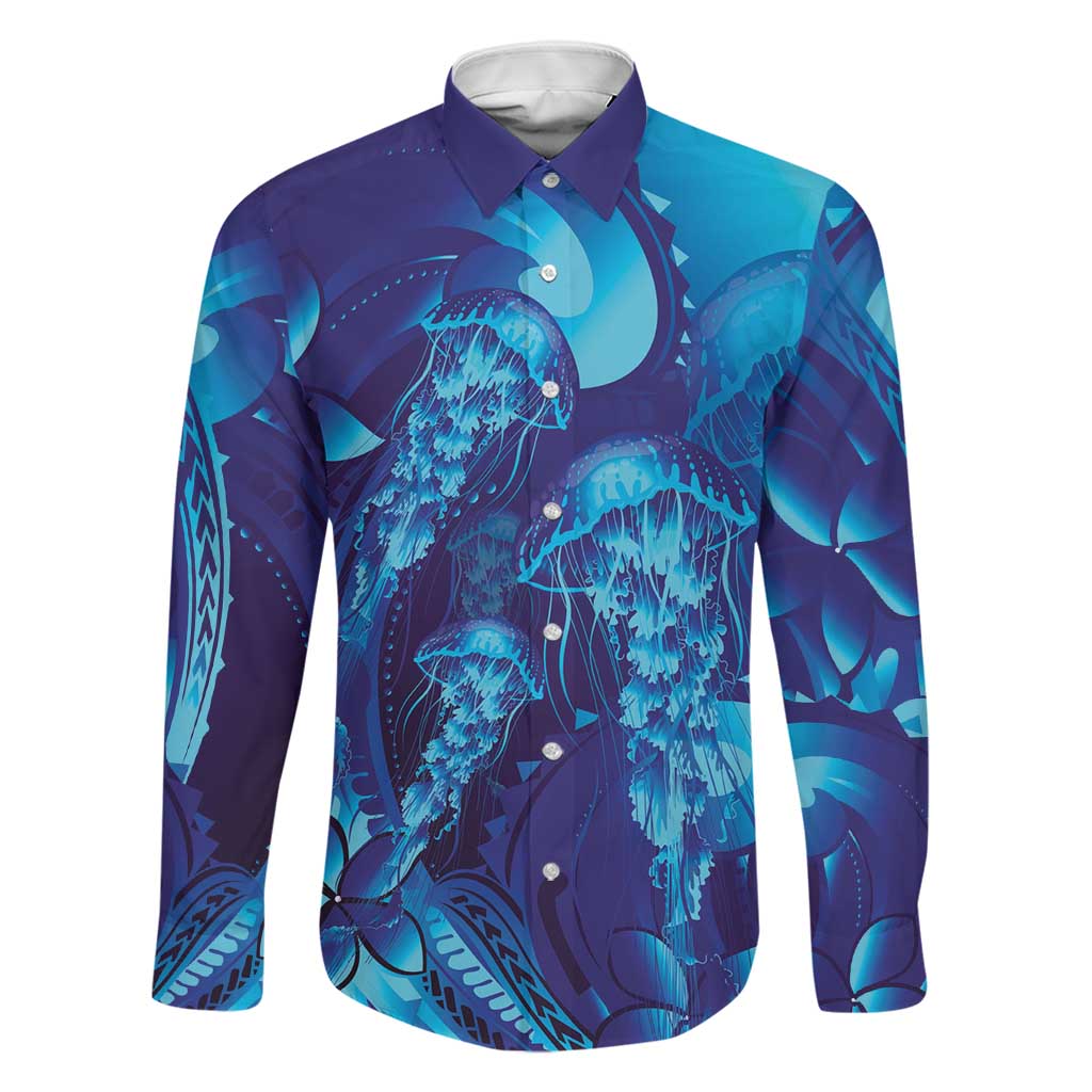 Purple Paradise Polynesia Jellyfish Family Matching Off The Shoulder Long Sleeve Dress and Hawaiian Shirt Plumeria Polynesian Tattoo Glowing Vibes