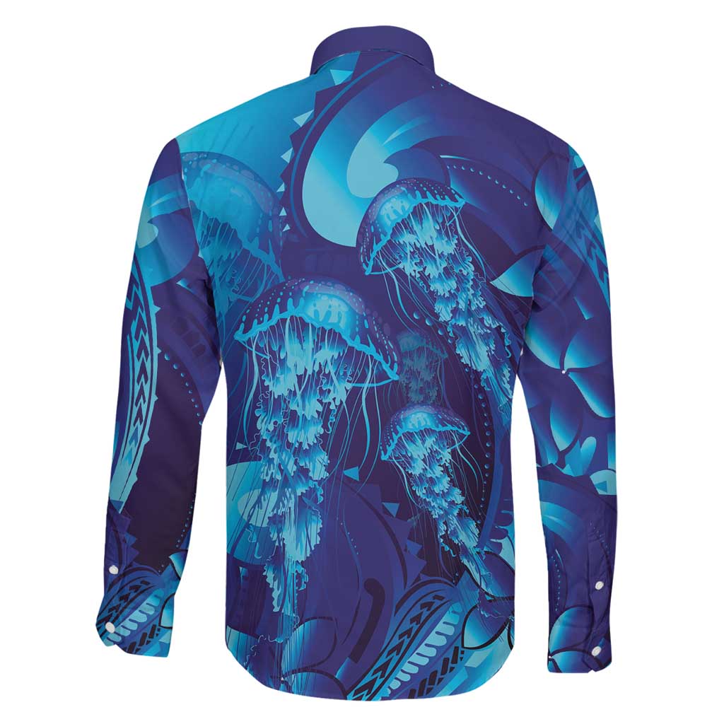 Purple Paradise Polynesia Jellyfish Family Matching Off The Shoulder Long Sleeve Dress and Hawaiian Shirt Plumeria Polynesian Tattoo Glowing Vibes