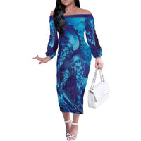 Purple Paradise Polynesia Jellyfish Family Matching Off The Shoulder Long Sleeve Dress and Hawaiian Shirt Plumeria Polynesian Tattoo Glowing Vibes