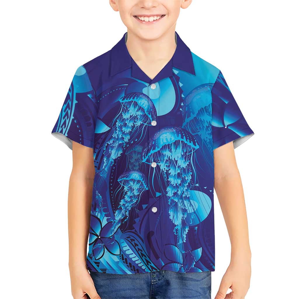 Purple Paradise Polynesia Jellyfish Family Matching Off The Shoulder Long Sleeve Dress and Hawaiian Shirt Plumeria Polynesian Tattoo Glowing Vibes
