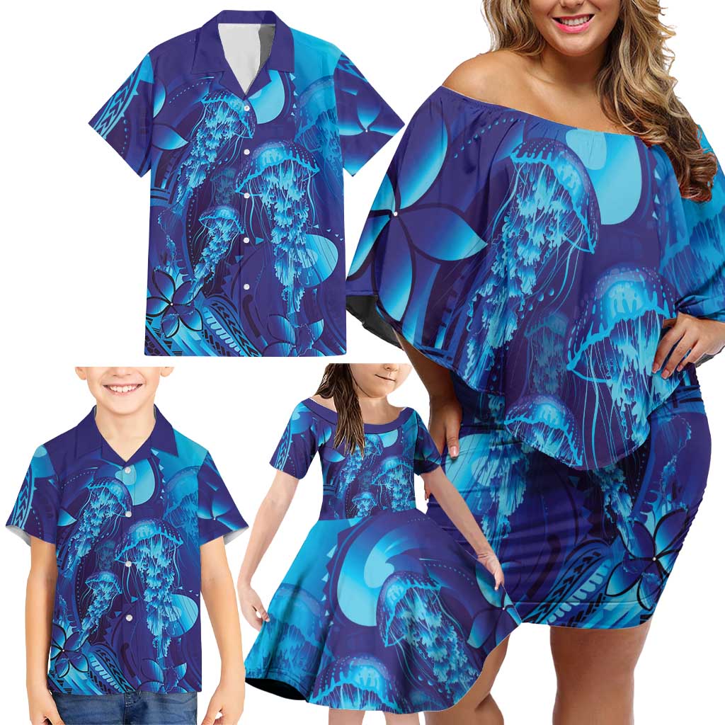 Purple Paradise Polynesia Jellyfish Family Matching Off Shoulder Short Dress and Hawaiian Shirt Plumeria Polynesian Tattoo Glowing Vibes LT14 - Polynesian Pride