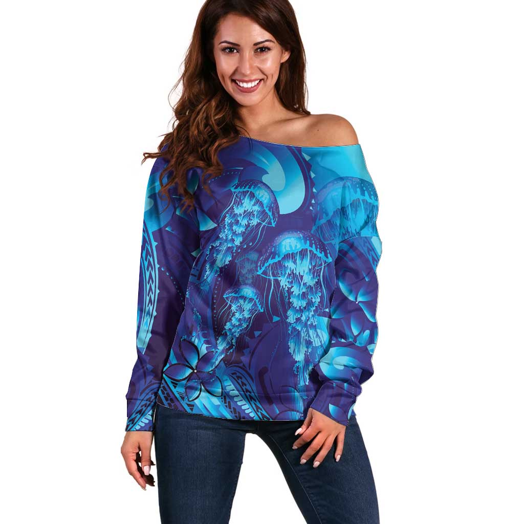 Purple Paradise Polynesia Jellyfish Off Shoulder Sweater Plumeria Polynesian Tattoo Glowing Vibes