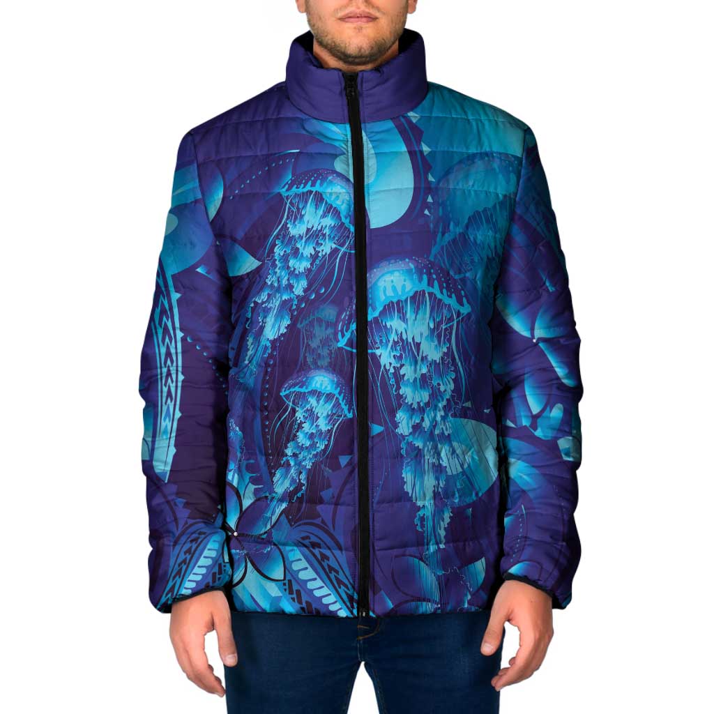 Purple Paradise Polynesia Jellyfish Padded Jacket Plumeria Polynesian Tattoo Glowing Vibes