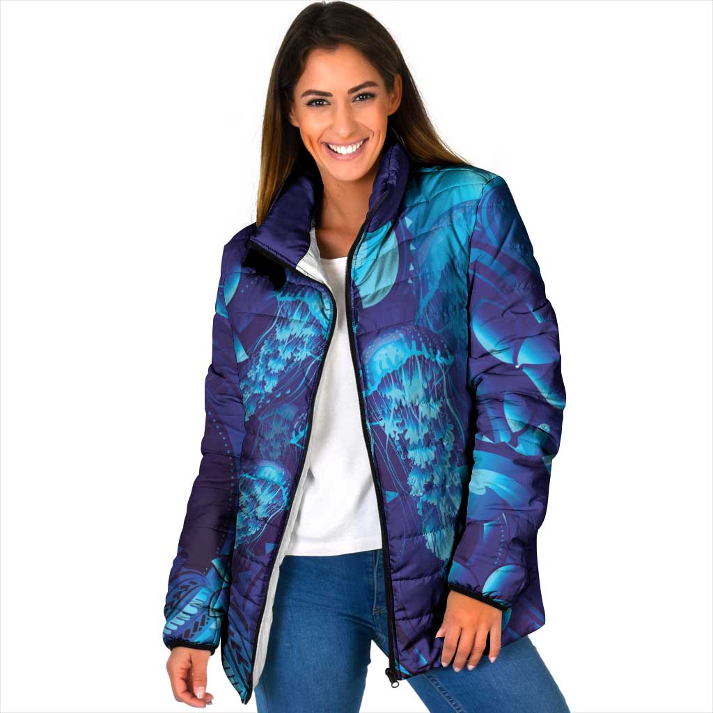 Purple Paradise Polynesia Jellyfish Padded Jacket Plumeria Polynesian Tattoo Glowing Vibes