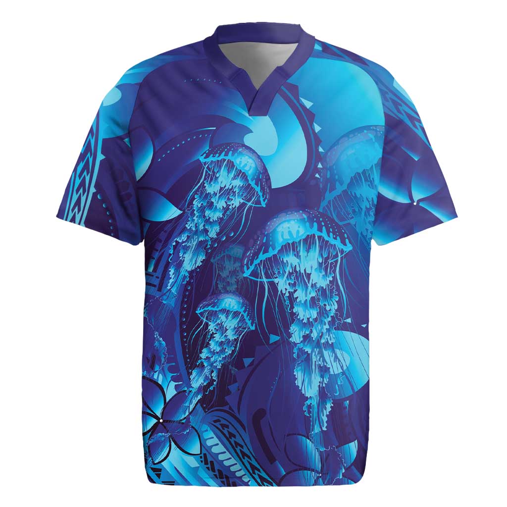 Purple Paradise Polynesia Jellyfish Rugby Jersey Plumeria Polynesian Tattoo Glowing Vibes LT14 Purple - Polynesian Pride
