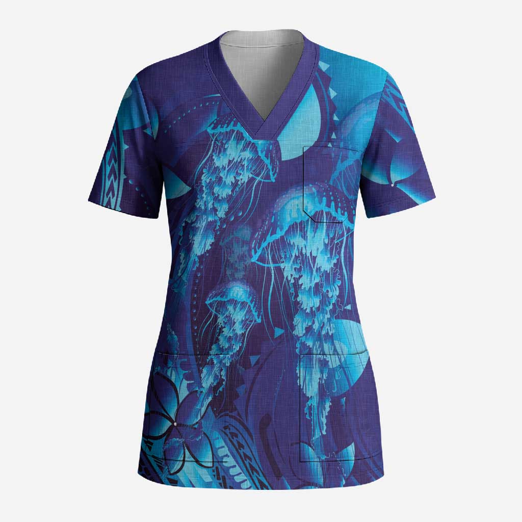 Purple Paradise Polynesia Jellyfish Scrub Top Plumeria Polynesian Tattoo Glowing Vibes LT14 Adult Purple - Polynesian Pride