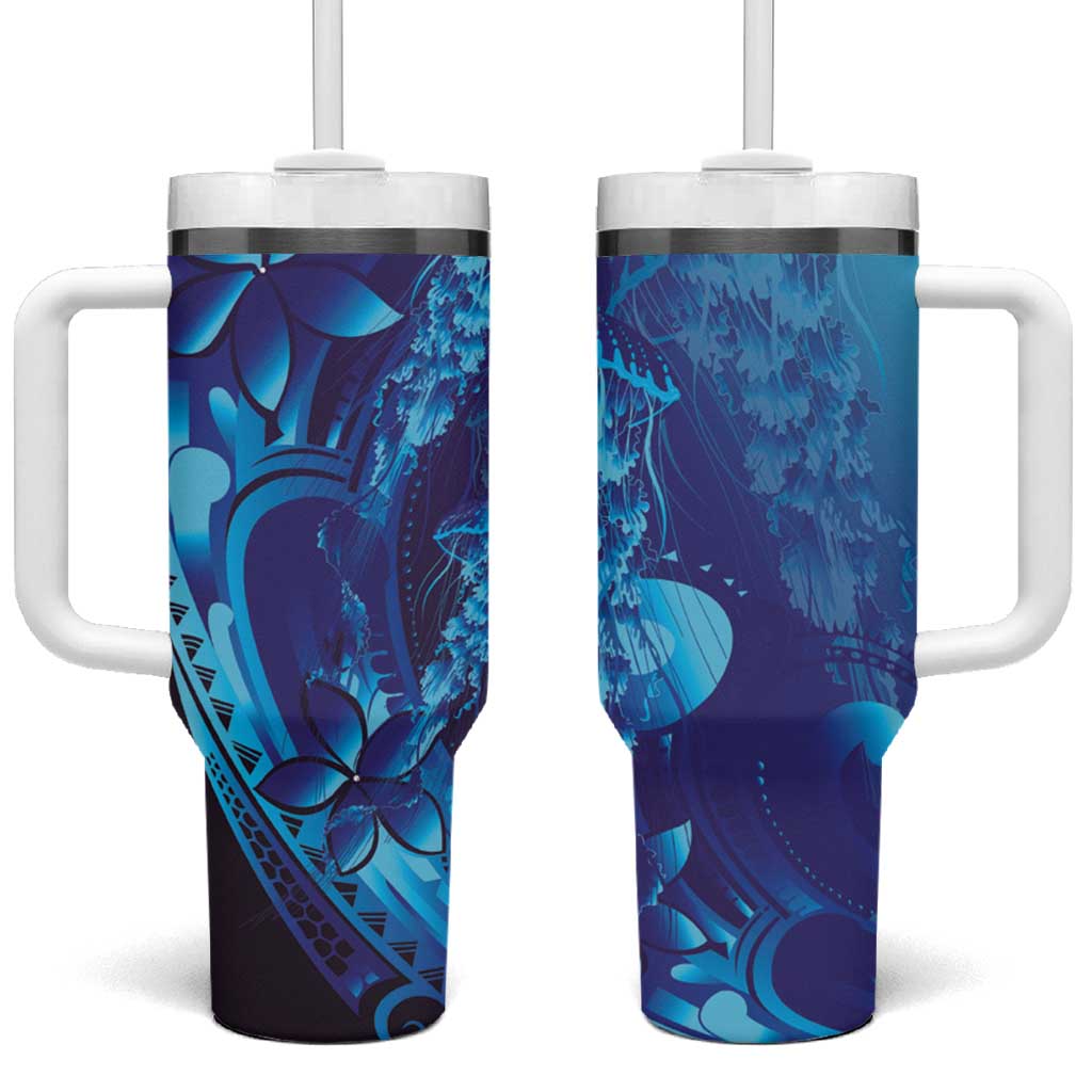 Purple Paradise Polynesia Jellyfish Tumbler With Handle Plumeria Polynesian Tattoo Glowing Vibes LT14 One Size: 40 oz Purple - Polynesian Pride