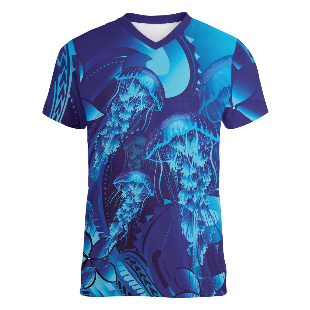 Purple Paradise Polynesia Jellyfish Women V-Neck T-Shirt Plumeria Polynesian Tattoo Glowing Vibes
