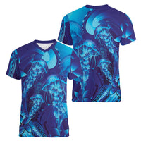 Purple Paradise Polynesia Jellyfish Women V-Neck T-Shirt Plumeria Polynesian Tattoo Glowing Vibes