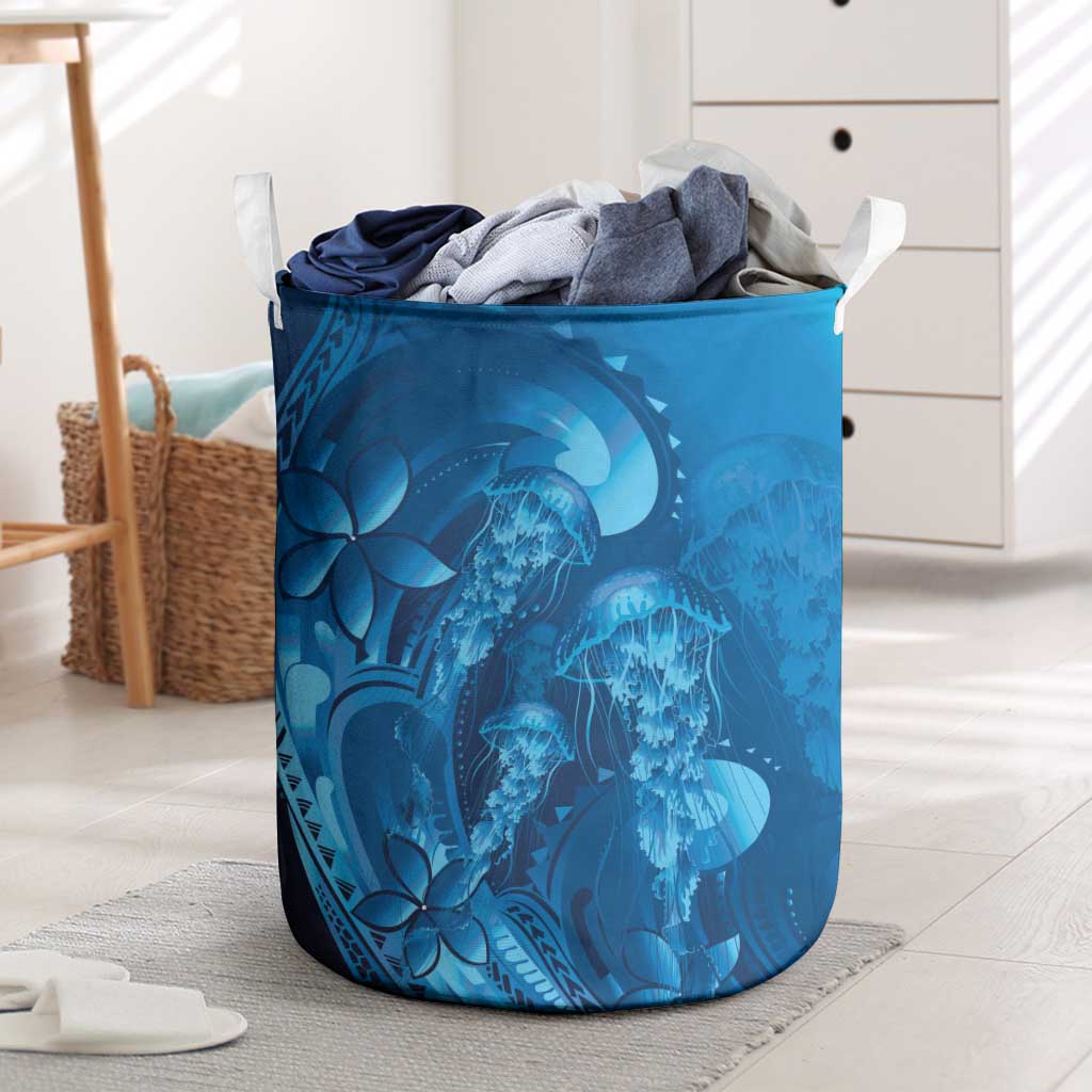 Blue Gradient Polynesia Jellyfish Laundry Basket Plumeria Polynesian Tattoo Glowing Vibes