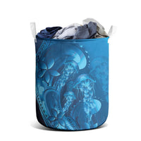 Blue Gradient Polynesia Jellyfish Laundry Basket Plumeria Polynesian Tattoo Glowing Vibes