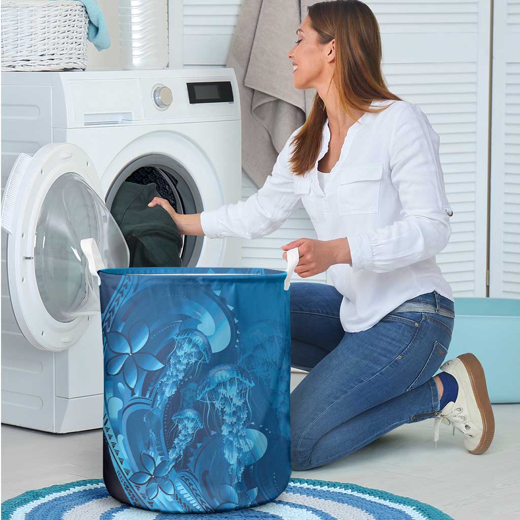 Blue Gradient Polynesia Jellyfish Laundry Basket Plumeria Polynesian Tattoo Glowing Vibes