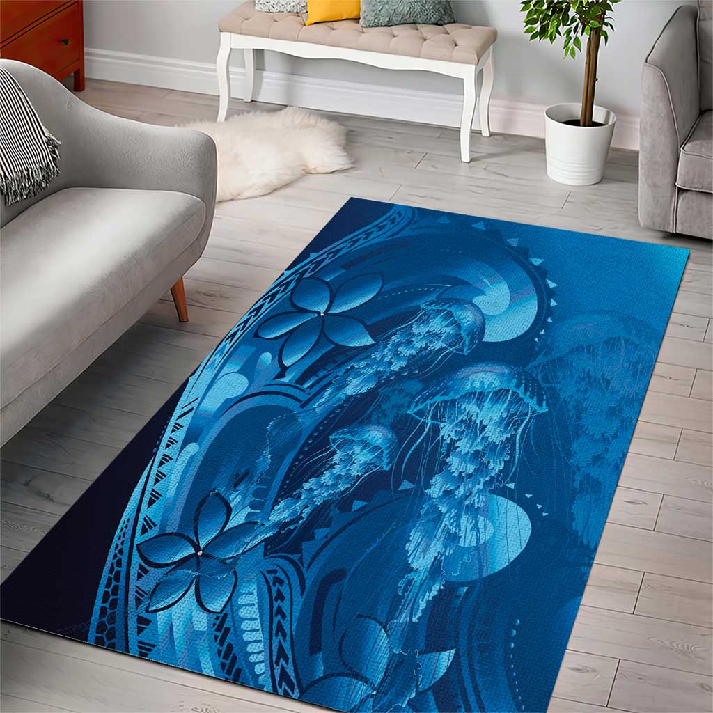 Blue Gradient Polynesia Jellyfish Area Rug Plumeria Polynesian Tattoo Glowing Vibes LT14 - Polynesian Pride