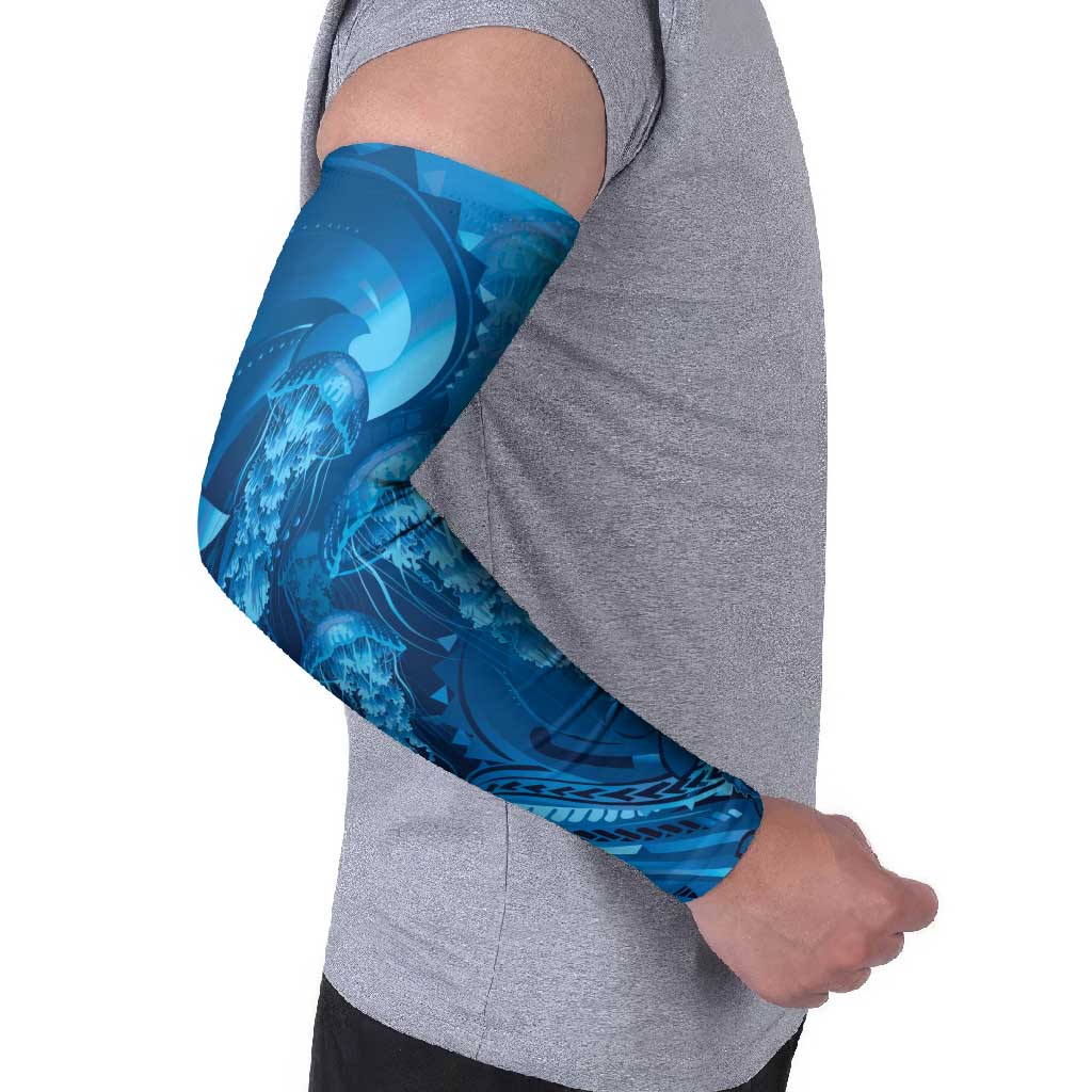 Blue Gradient Polynesia Jellyfish Arm Sleeves Plumeria Polynesian Tattoo Glowing Vibes