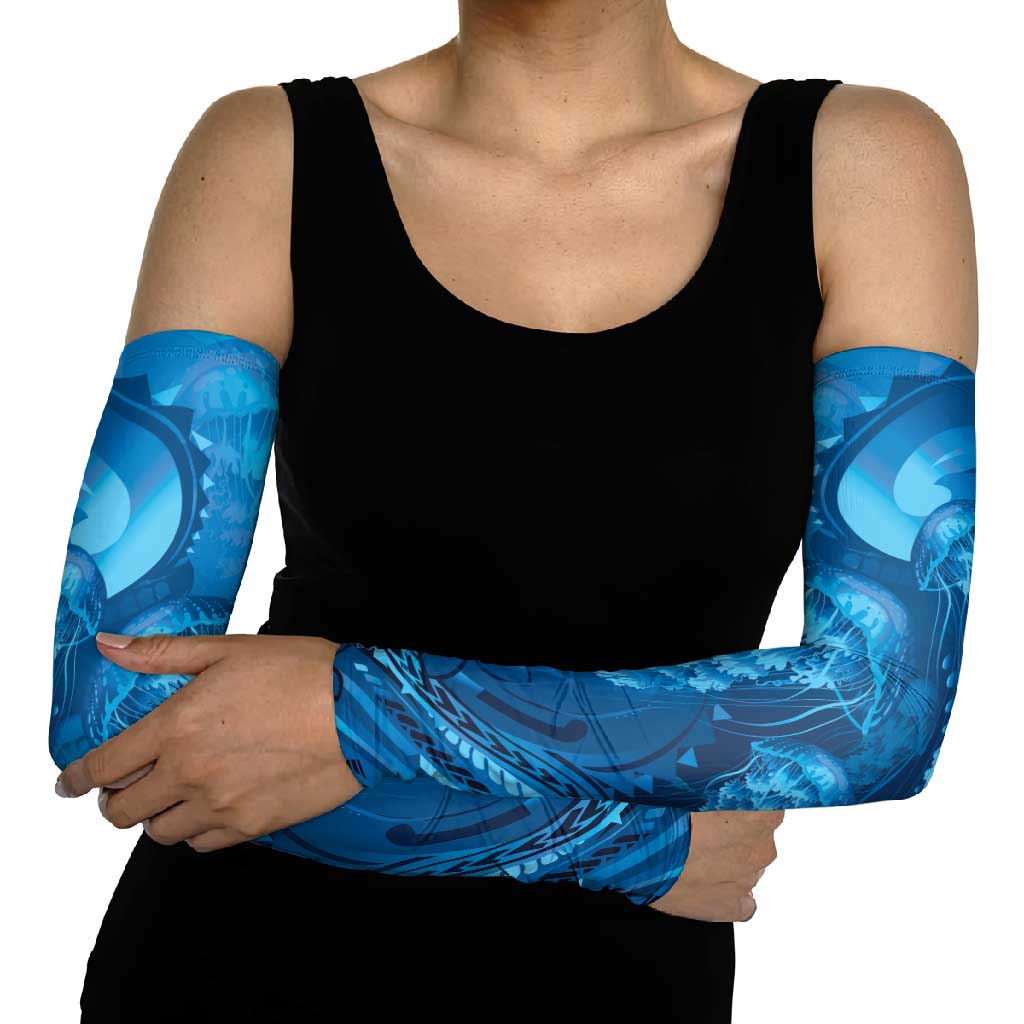 Blue Gradient Polynesia Jellyfish Arm Sleeves Plumeria Polynesian Tattoo Glowing Vibes