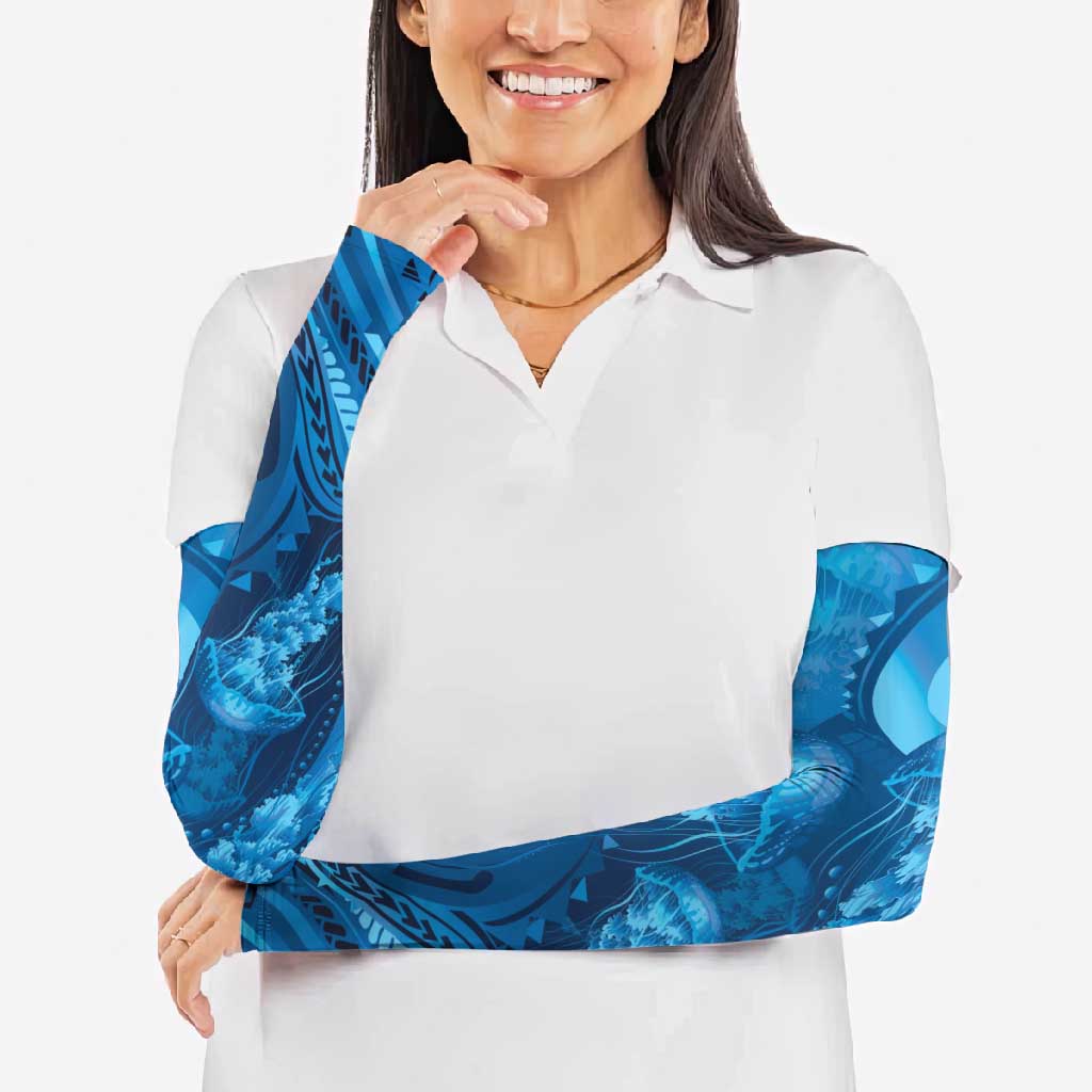 Blue Gradient Polynesia Jellyfish Arm Sleeves Plumeria Polynesian Tattoo Glowing Vibes