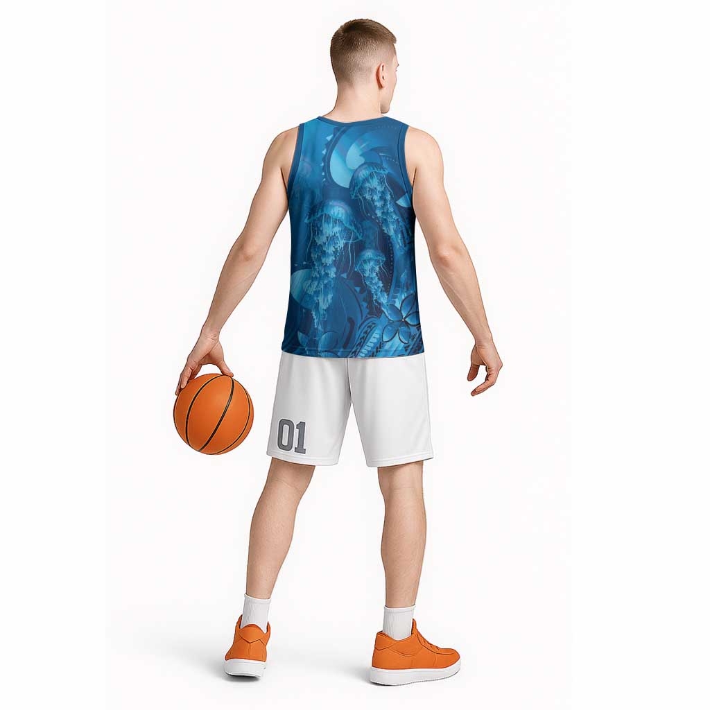 Blue Gradient Polynesia Jellyfish Basketball Jersey Plumeria Polynesian Tattoo Glowing Vibes LT14 - Polynesian Pride
