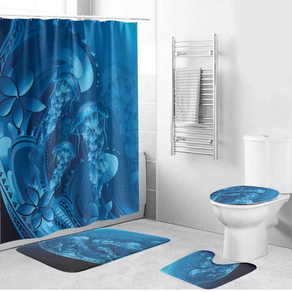 Blue Gradient Polynesia Jellyfish Bathroom Set Plumeria Polynesian Tattoo Glowing Vibes