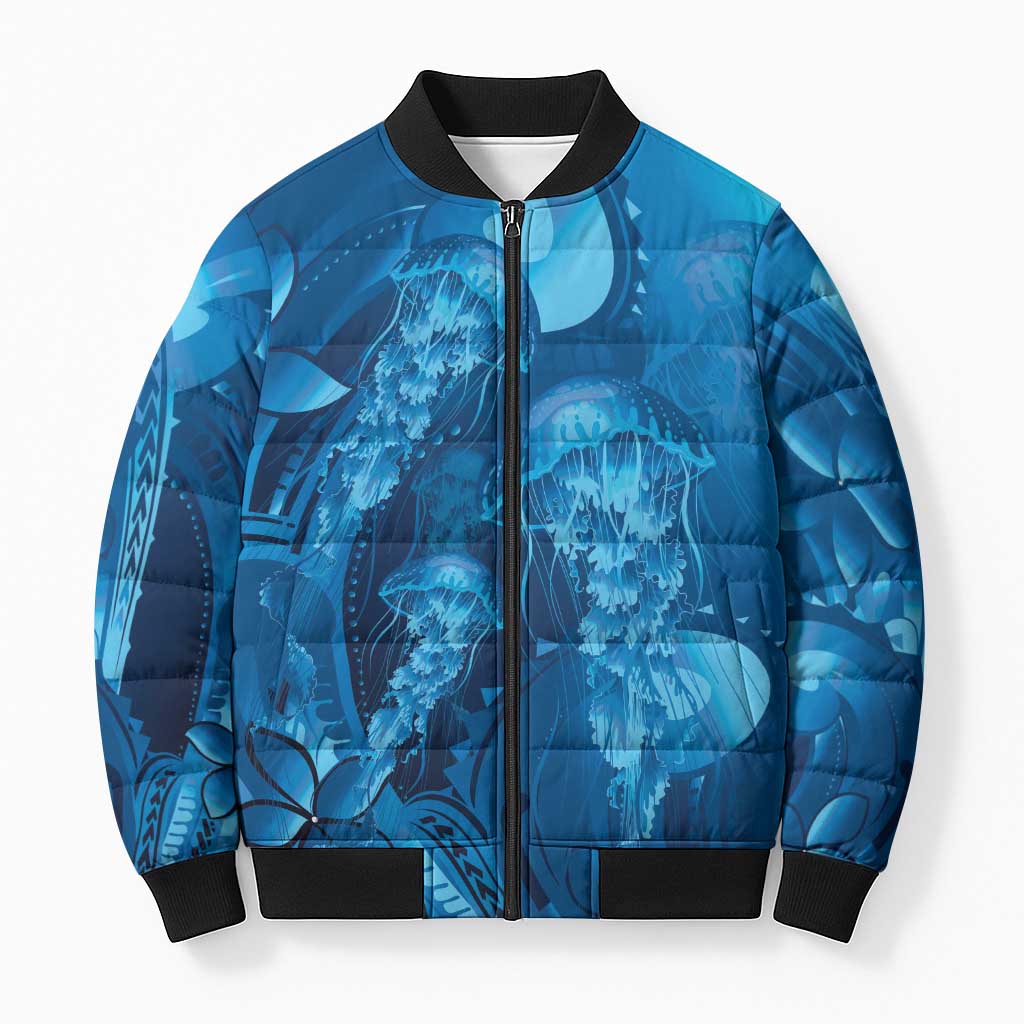 Blue Gradient Polynesia Jellyfish Bomber Puffer Jacket Plumeria Polynesian Tattoo Glowing Vibes