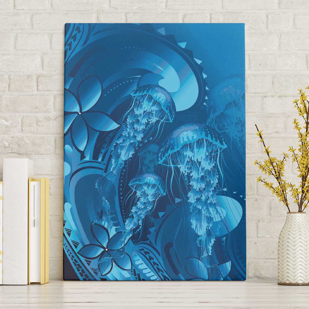 Blue Gradient Polynesia Jellyfish Canvas Wall Art Plumeria Polynesian Tattoo Glowing Vibes