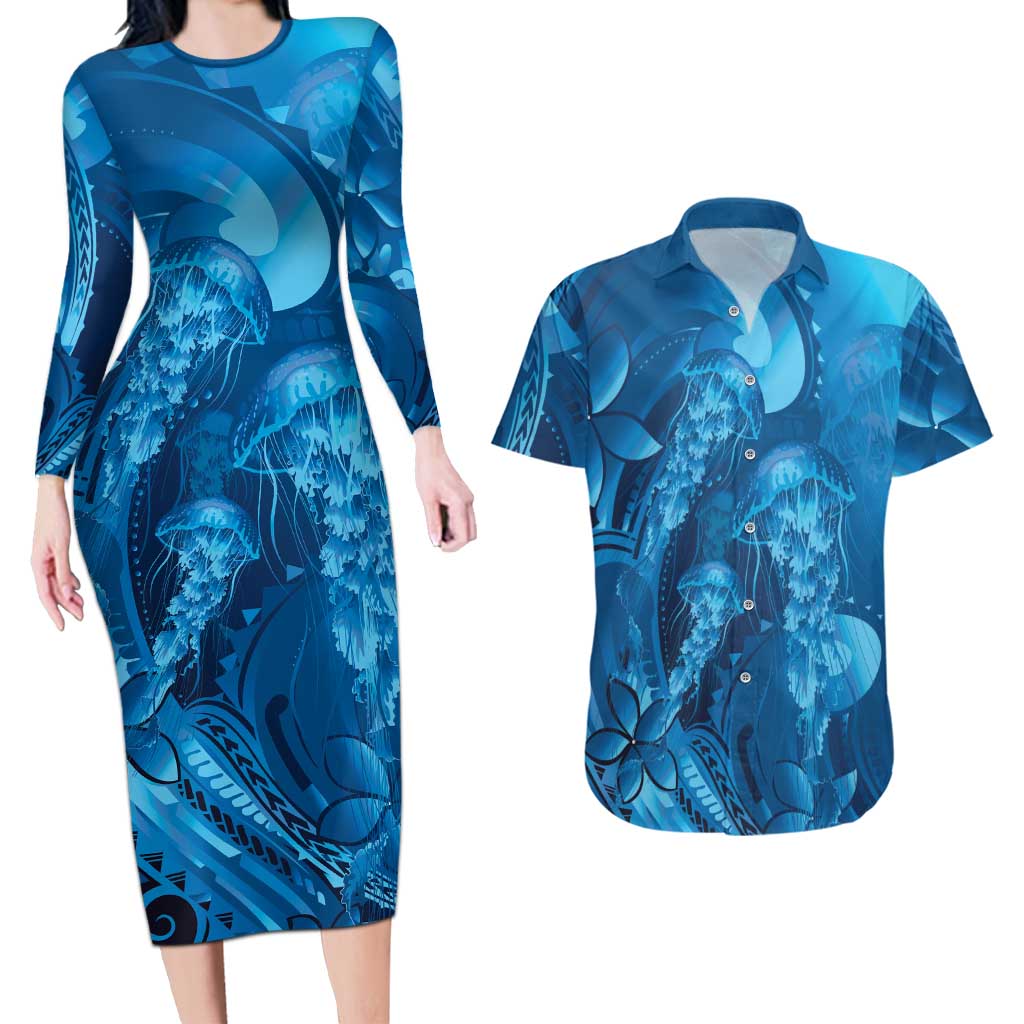 Blue Gradient Polynesia Jellyfish Couples Matching Long Sleeve Bodycon Dress and Hawaiian Shirt Plumeria Polynesian Tattoo Glowing Vibes