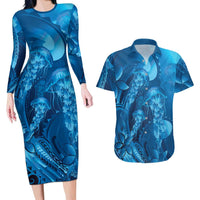 Blue Gradient Polynesia Jellyfish Couples Matching Long Sleeve Bodycon Dress and Hawaiian Shirt Plumeria Polynesian Tattoo Glowing Vibes