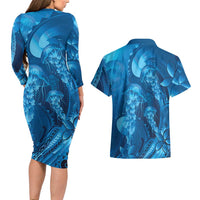Blue Gradient Polynesia Jellyfish Couples Matching Long Sleeve Bodycon Dress and Hawaiian Shirt Plumeria Polynesian Tattoo Glowing Vibes