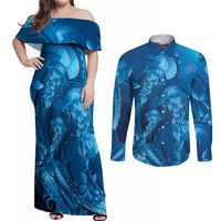 Blue Gradient Polynesia Jellyfish Couples Matching Off Shoulder Maxi Dress and Long Sleeve Button Shirt Plumeria Polynesian Tattoo Glowing Vibes LT14 Blue - Polynesian Pride