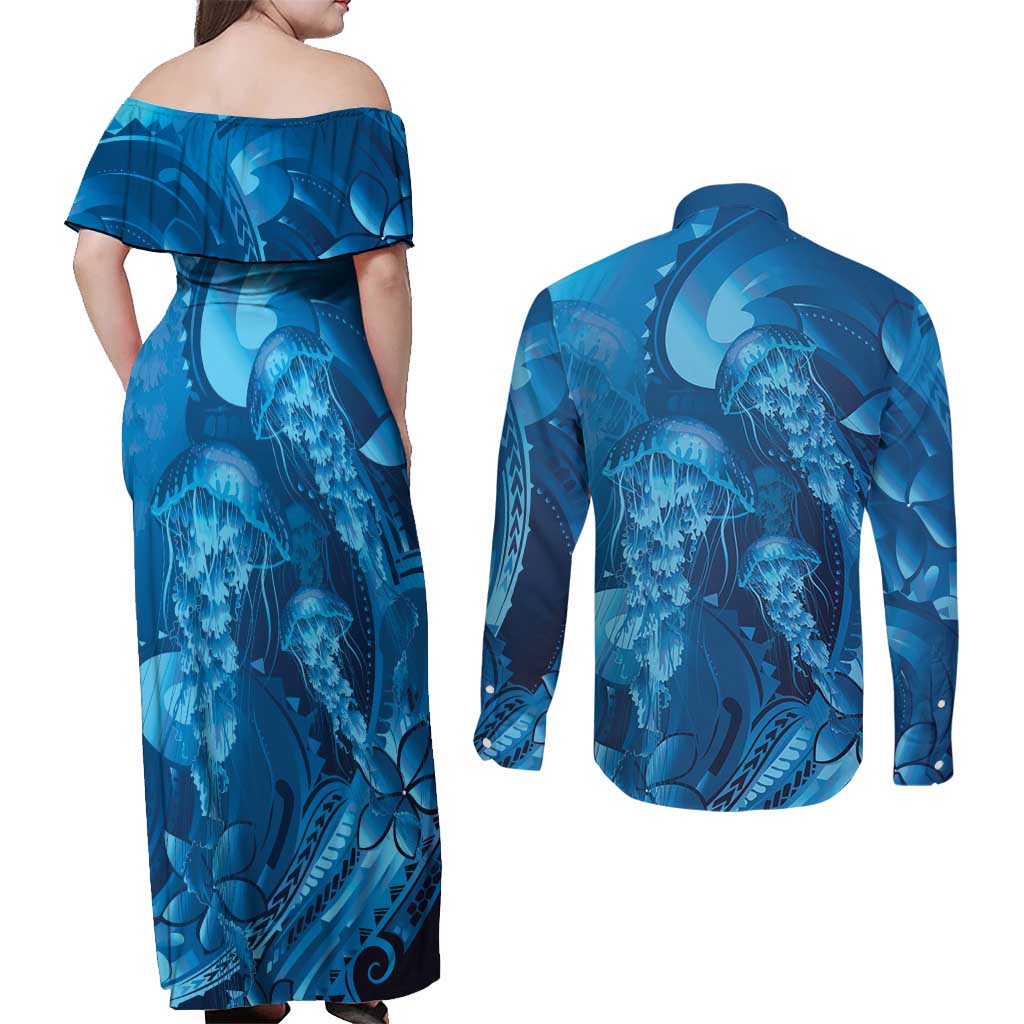 Blue Gradient Polynesia Jellyfish Couples Matching Off Shoulder Maxi Dress and Long Sleeve Button Shirt Plumeria Polynesian Tattoo Glowing Vibes LT14 - Polynesian Pride