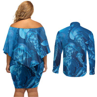 Blue Gradient Polynesia Jellyfish Couples Matching Off Shoulder Short Dress and Long Sleeve Button Shirt Plumeria Polynesian Tattoo Glowing Vibes LT14 - Polynesian Pride