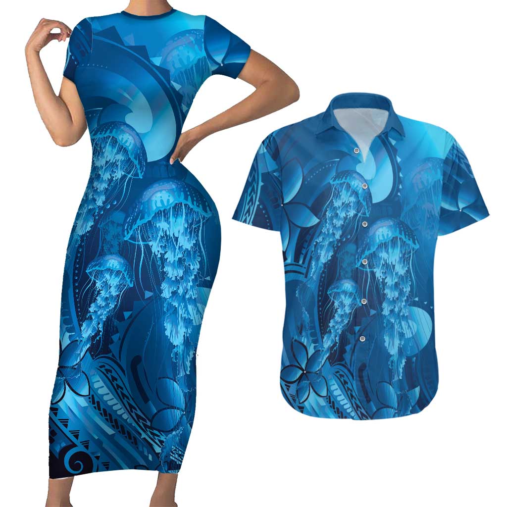 Blue Gradient Polynesia Jellyfish Couples Matching Short Sleeve Bodycon Dress and Hawaiian Shirt Plumeria Polynesian Tattoo Glowing Vibes