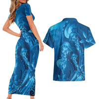Blue Gradient Polynesia Jellyfish Couples Matching Short Sleeve Bodycon Dress and Hawaiian Shirt Plumeria Polynesian Tattoo Glowing Vibes