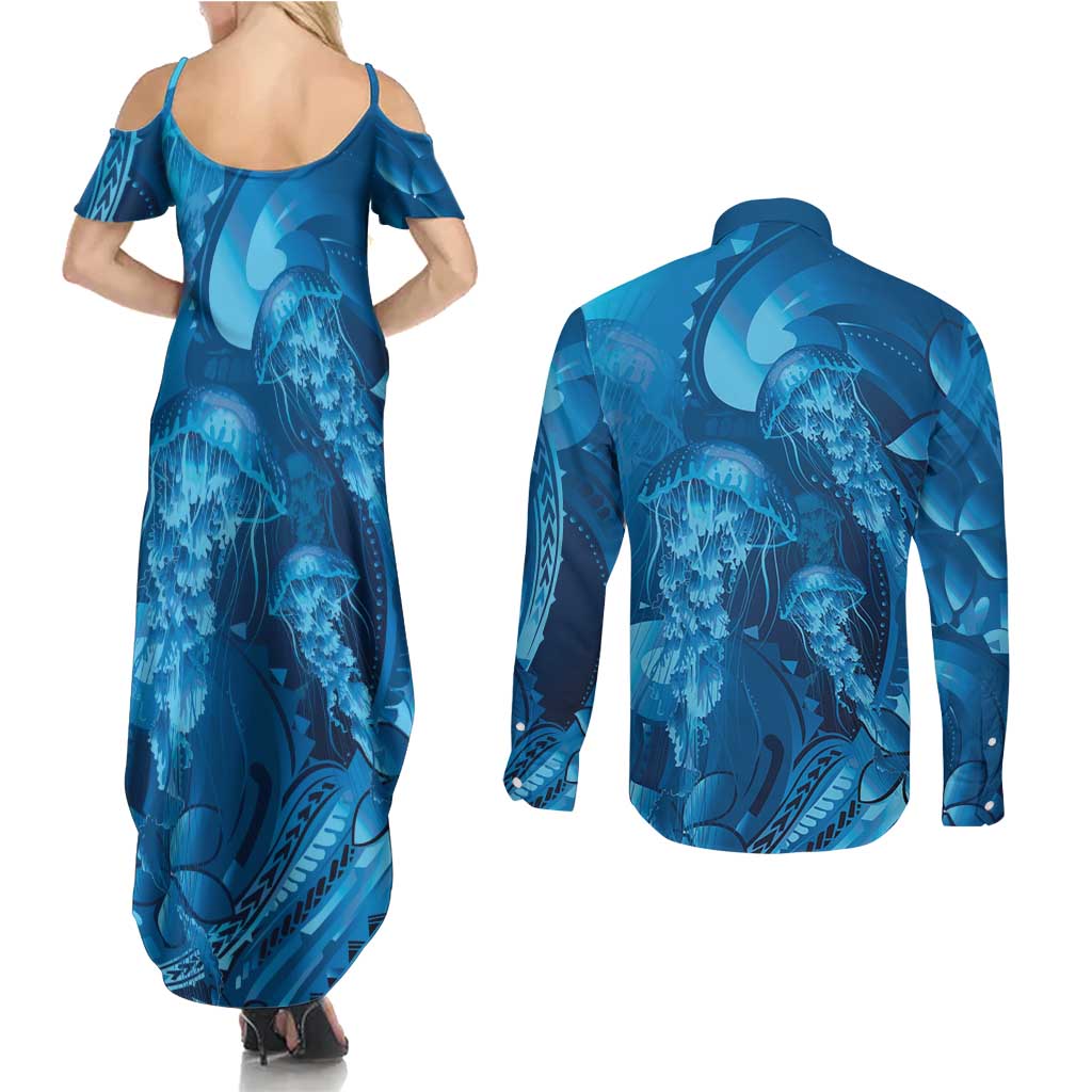 Blue Gradient Polynesia Jellyfish Couples Matching Summer Maxi Dress and Long Sleeve Button Shirt Plumeria Polynesian Tattoo Glowing Vibes LT14 - Polynesian Pride