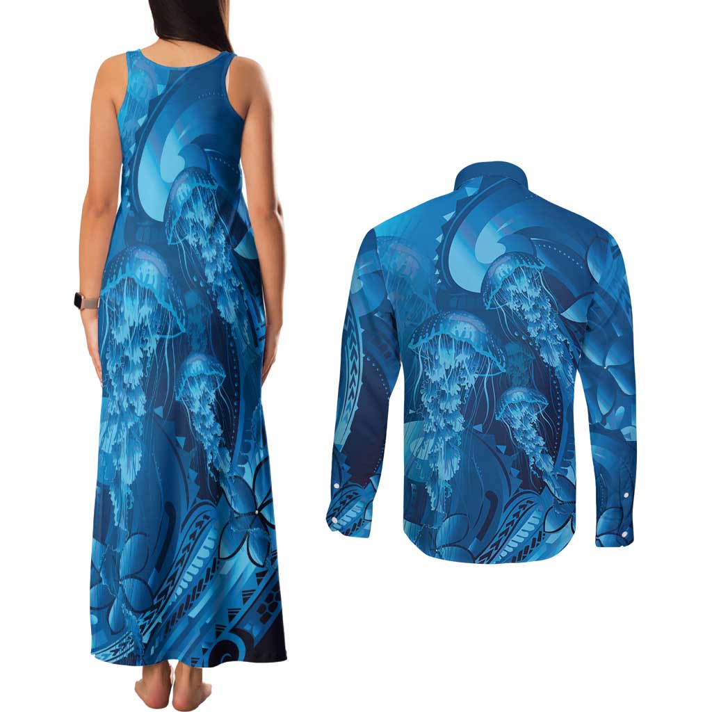 Blue Gradient Polynesia Jellyfish Couples Matching Tank Maxi Dress and Long Sleeve Button Shirt Plumeria Polynesian Tattoo Glowing Vibes