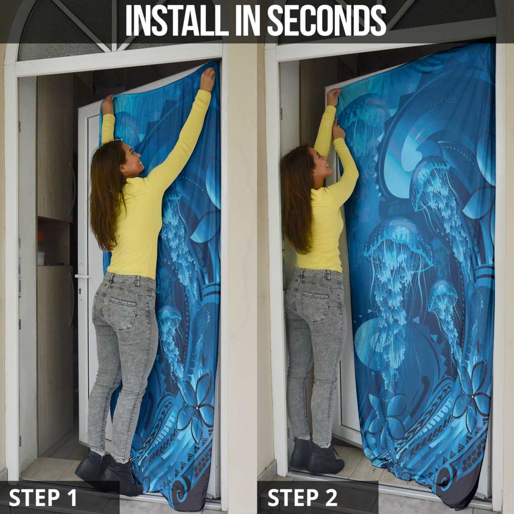 Blue Gradient Polynesia Jellyfish Door Cover Plumeria Polynesian Tattoo Glowing Vibes