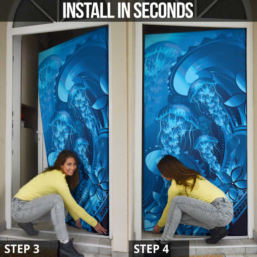 Blue Gradient Polynesia Jellyfish Door Cover Plumeria Polynesian Tattoo Glowing Vibes