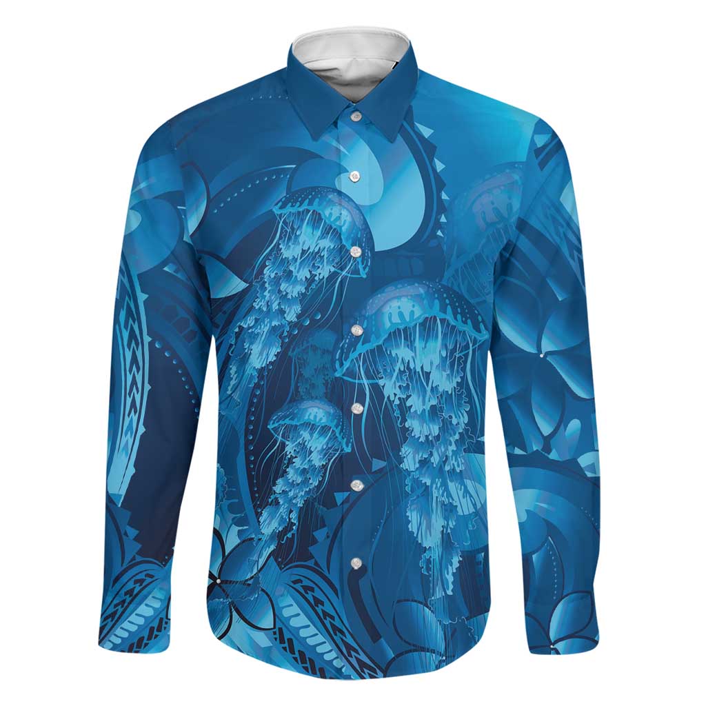 Blue Gradient Polynesia Jellyfish Family Matching Off The Shoulder Long Sleeve Dress and Hawaiian Shirt Plumeria Polynesian Tattoo Glowing Vibes
