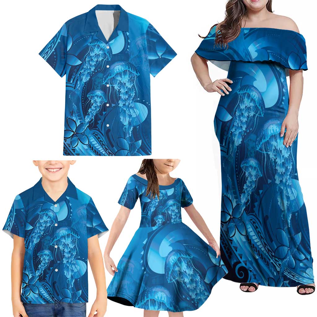 Blue Gradient Polynesia Jellyfish Family Matching Off Shoulder Maxi Dress and Hawaiian Shirt Plumeria Polynesian Tattoo Glowing Vibes LT14 - Polynesian Pride