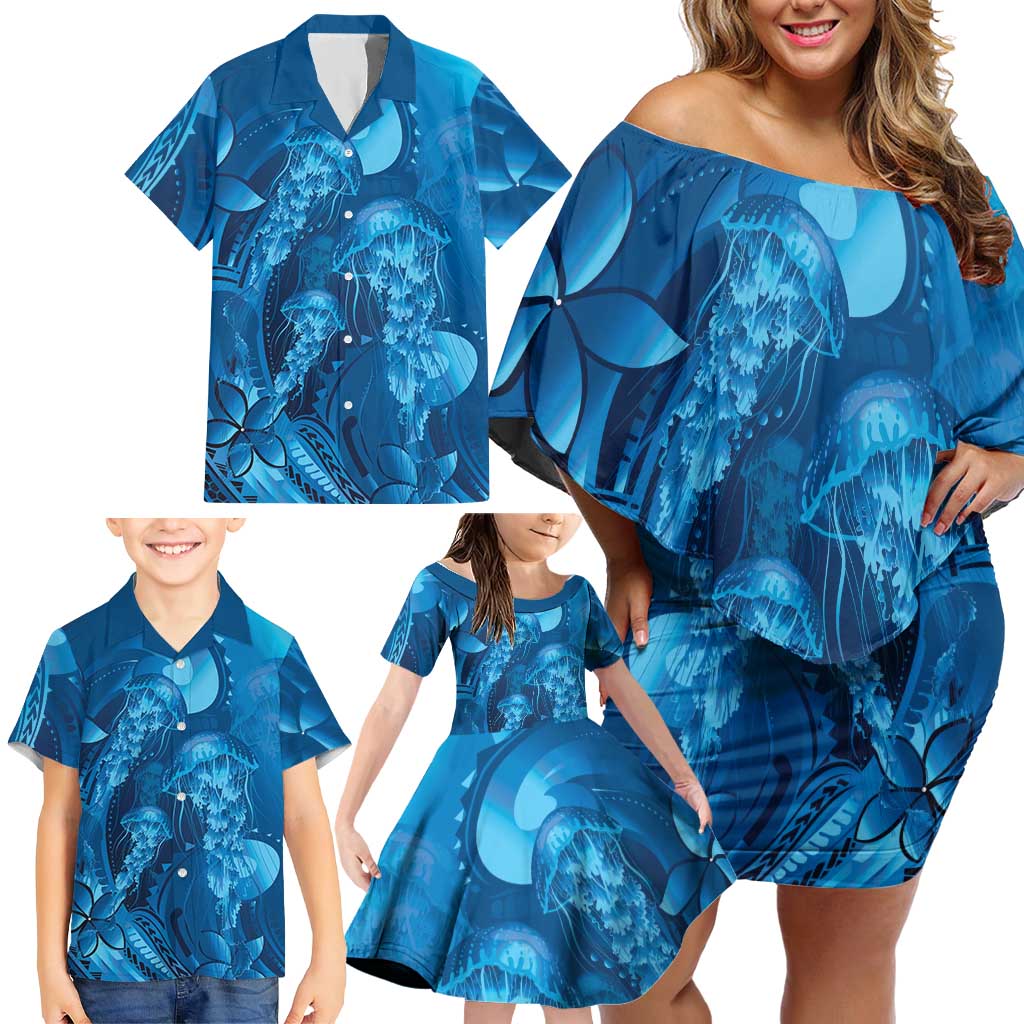 Blue Gradient Polynesia Jellyfish Family Matching Off Shoulder Short Dress and Hawaiian Shirt Plumeria Polynesian Tattoo Glowing Vibes LT14 - Polynesian Pride