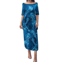 Blue Gradient Polynesia Jellyfish Family Matching Puletasi and Hawaiian Shirt Plumeria Polynesian Tattoo Glowing Vibes LT14 Mom's Dress Blue - Polynesian Pride