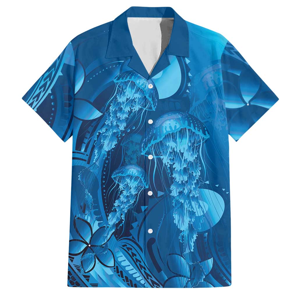 Blue Gradient Polynesia Jellyfish Hawaiian Shirt Plumeria Polynesian Tattoo Glowing Vibes