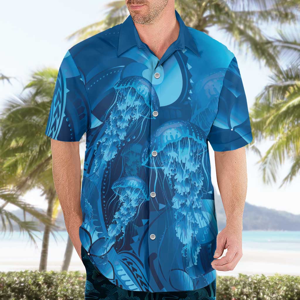 Blue Gradient Polynesia Jellyfish Hawaiian Shirt Plumeria Polynesian Tattoo Glowing Vibes