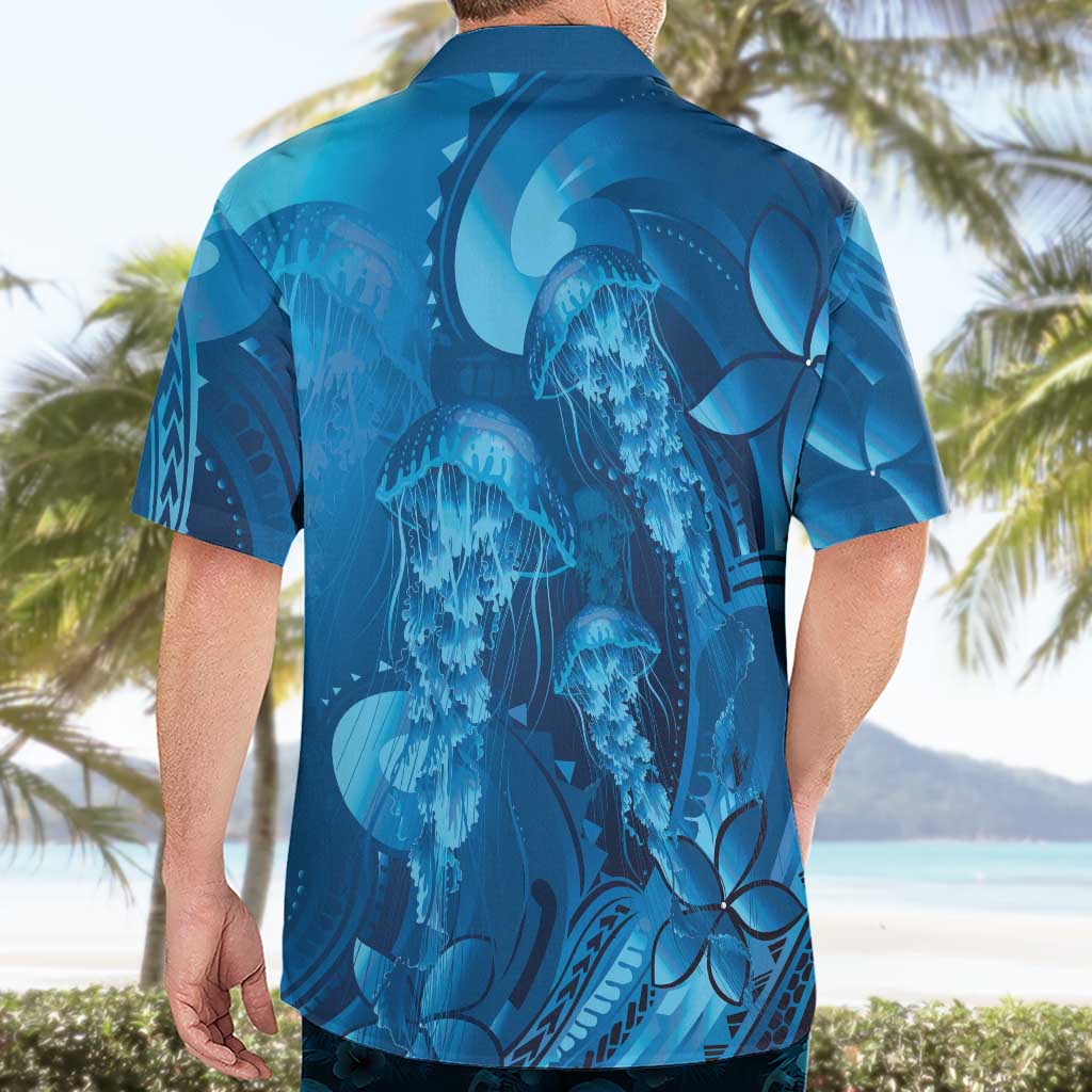 Blue Gradient Polynesia Jellyfish Hawaiian Shirt Plumeria Polynesian Tattoo Glowing Vibes