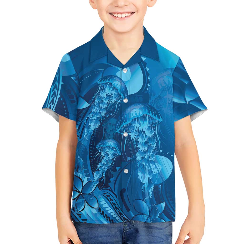 Blue Gradient Polynesia Jellyfish Hawaiian Shirt Plumeria Polynesian Tattoo Glowing Vibes