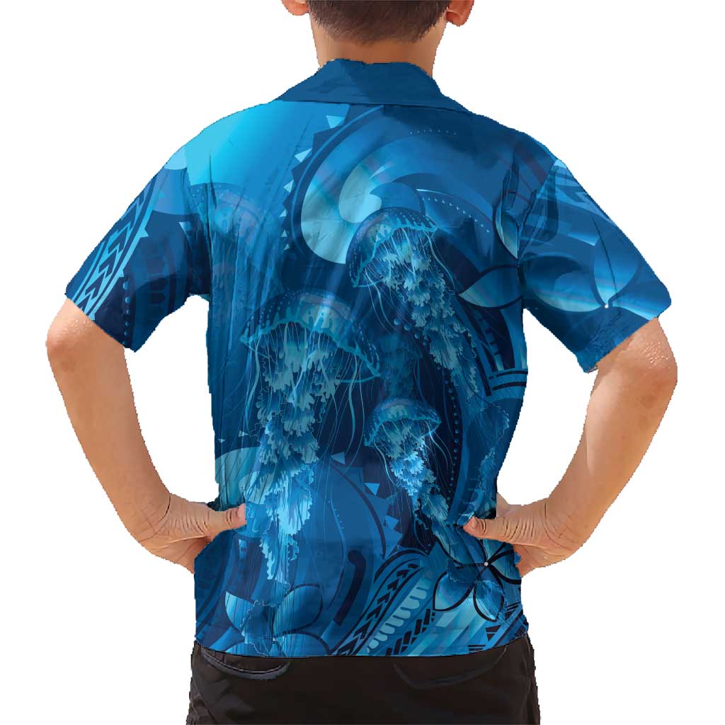 Blue Gradient Polynesia Jellyfish Hawaiian Shirt Plumeria Polynesian Tattoo Glowing Vibes