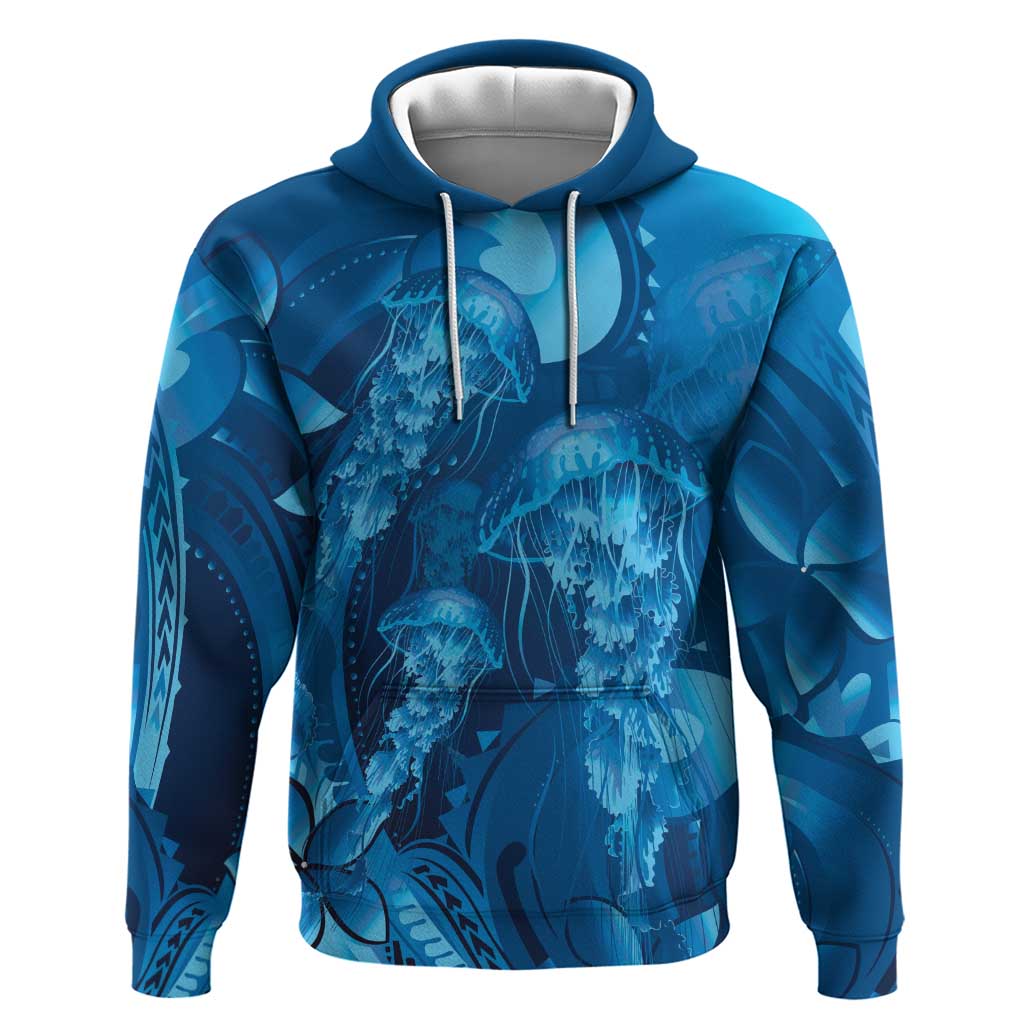 Blue Gradient Polynesia Jellyfish Hoodie Plumeria Polynesian Tattoo Glowing Vibes LT14 Pullover Hoodie Blue - Polynesian Pride