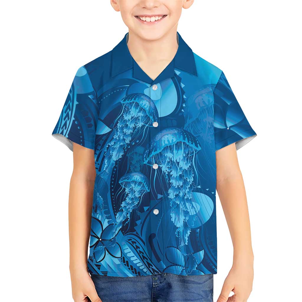 Blue Gradient Polynesia Jellyfish Kid Hawaiian Shirt Plumeria Polynesian Tattoo Glowing Vibes